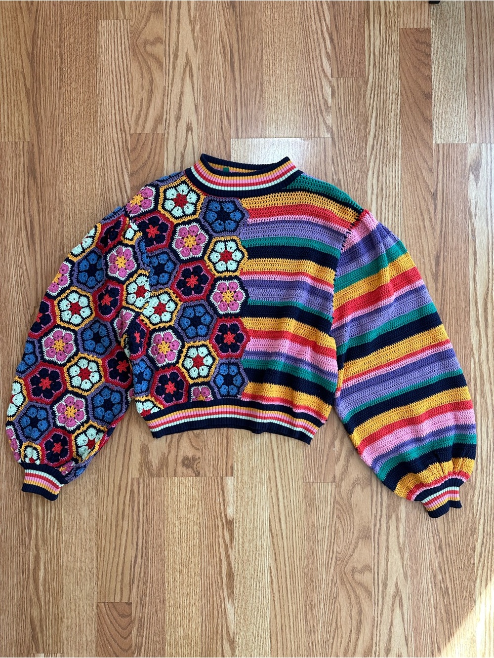 FARM RIO Multicolor Crochet Knit Balloon Sleeve Sweater
